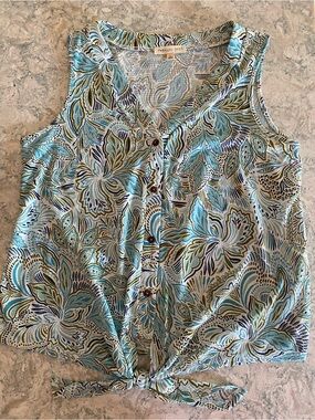 Parallel Skies Blue Floral Tie-Front Sleeveless Top size L